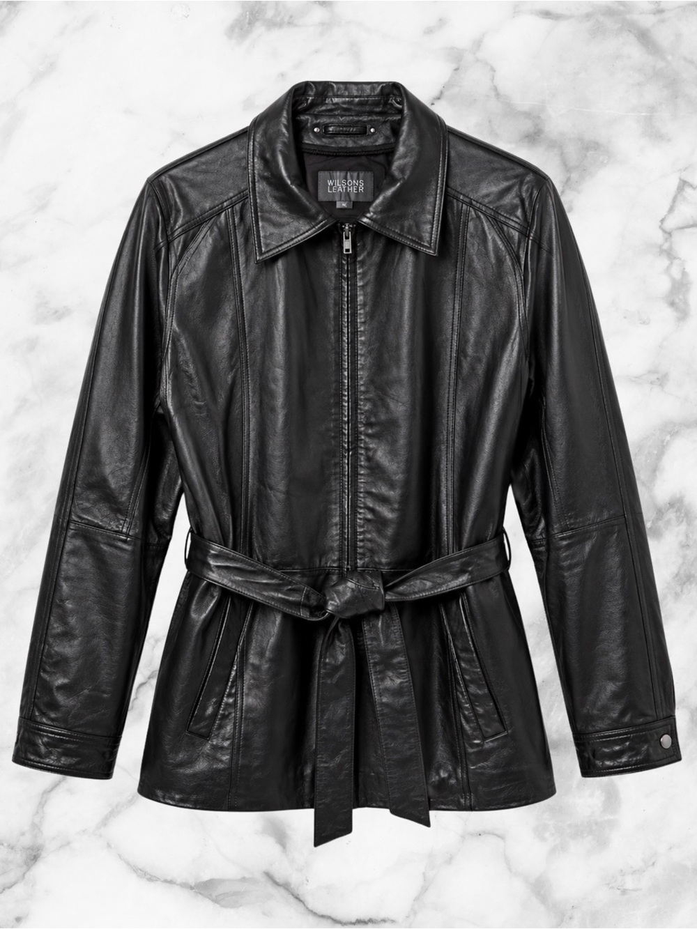 Wilsons Leather Y2K Womens S Black Vintage Genuine Leather Belted Longline Coat